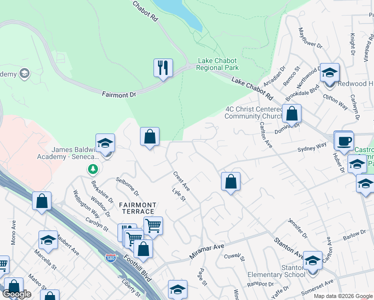 map of restaurants, bars, coffee shops, grocery stores, and more near 2578 Ridge Crest Court in Castro Valley