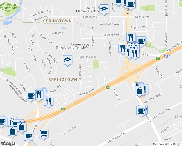 map of restaurants, bars, coffee shops, grocery stores, and more near 5383 Starflower Way in Livermore