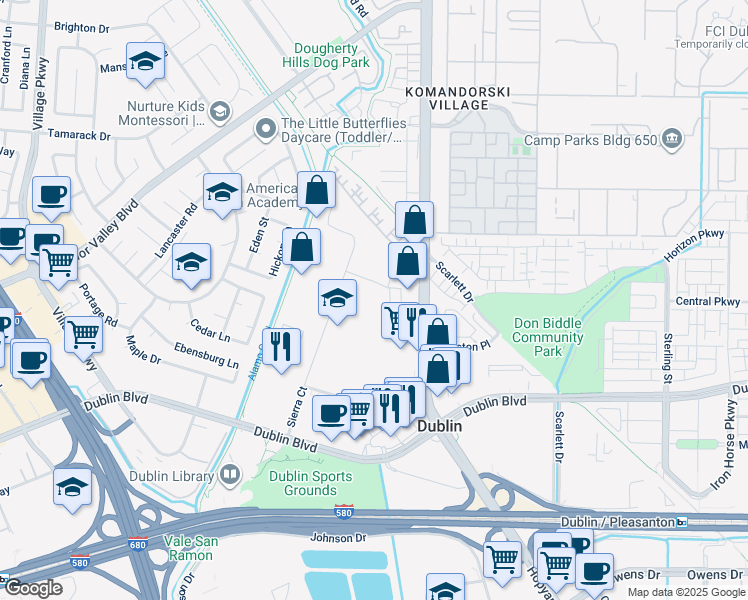 map of restaurants, bars, coffee shops, grocery stores, and more near 6100 Dougherty Road in Dublin