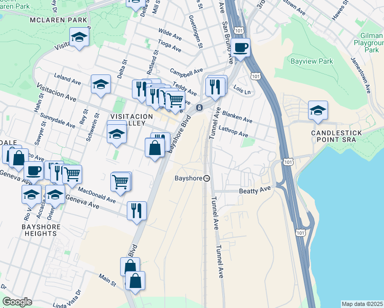 map of restaurants, bars, coffee shops, grocery stores, and more near 290 Sunnydale Ave in San Francisco
