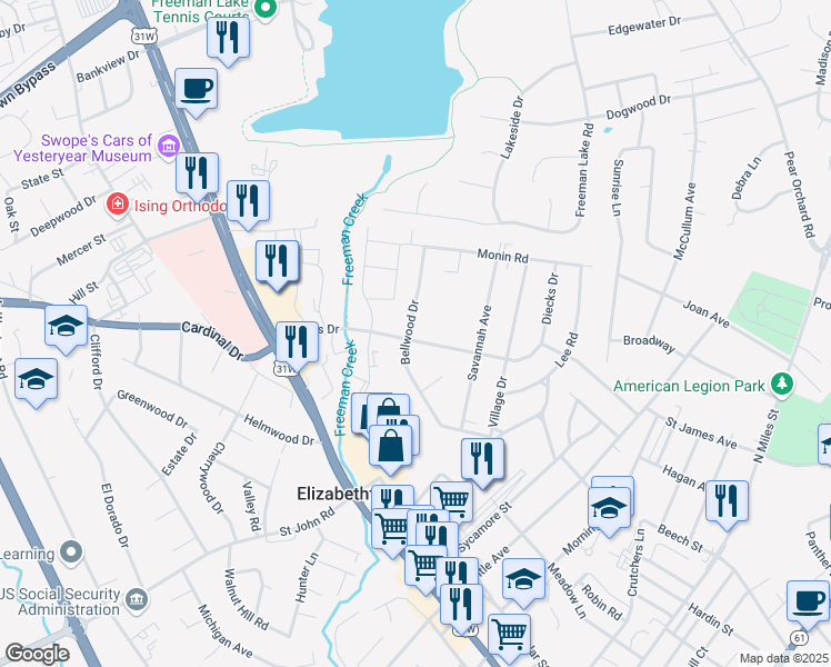 map of restaurants, bars, coffee shops, grocery stores, and more near 300 Diecks Drive in Elizabethtown