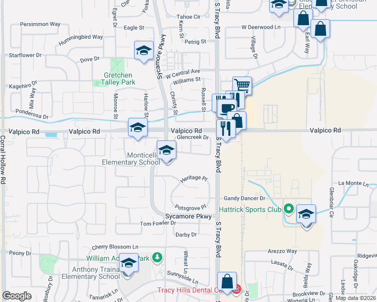 map of restaurants, bars, coffee shops, grocery stores, and more near 824 Shelborne Drive in Tracy
