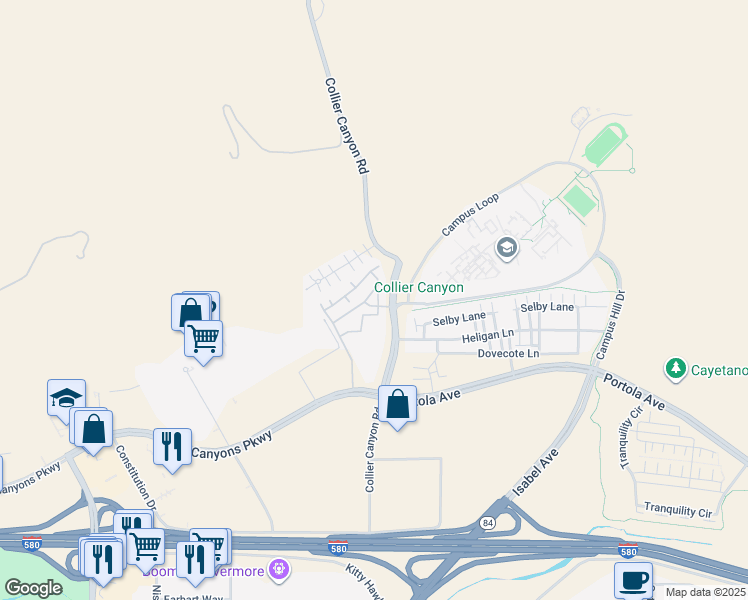 map of restaurants, bars, coffee shops, grocery stores, and more near 2950 Collier Canyon Road in Livermore