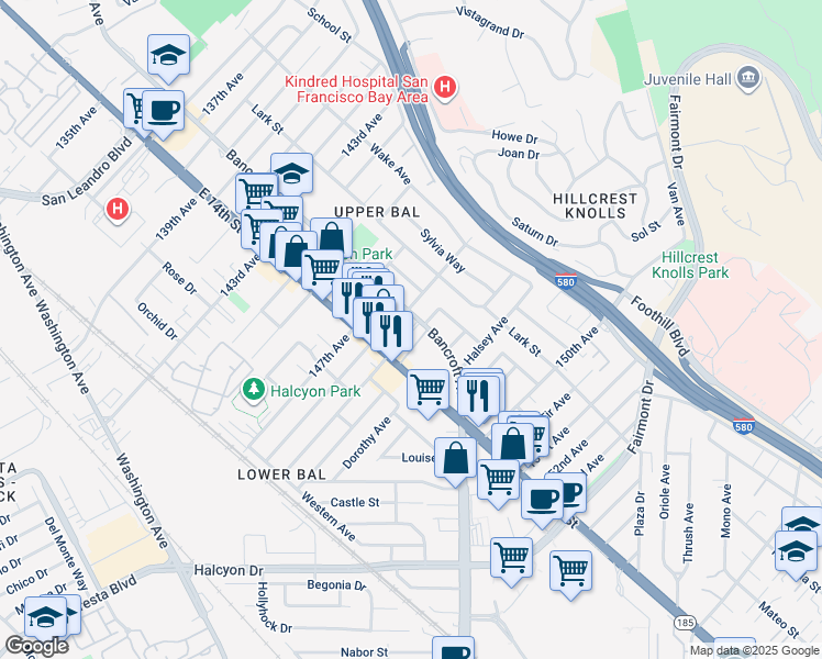 map of restaurants, bars, coffee shops, grocery stores, and more near 14857 Bancroft Avenue in San Leandro