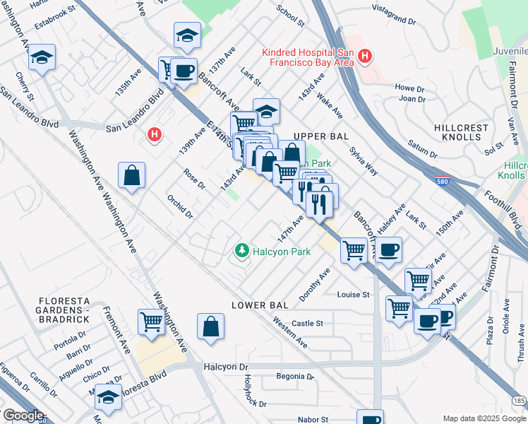 map of restaurants, bars, coffee shops, grocery stores, and more near 1244 145th Avenue in San Leandro