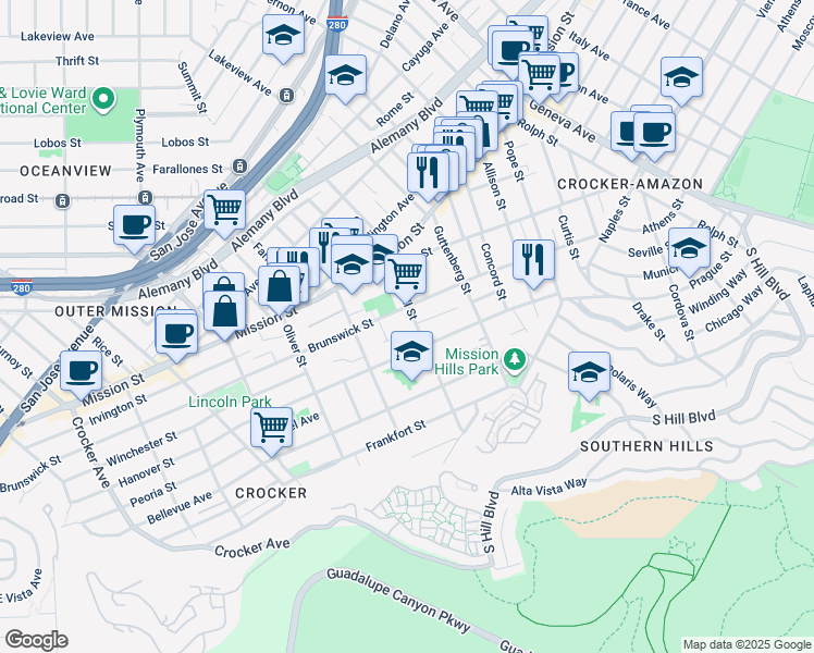 map of restaurants, bars, coffee shops, grocery stores, and more near 298 Lowell Street in San Francisco