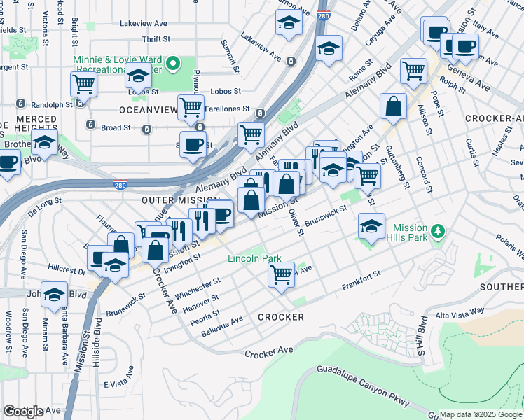 map of restaurants, bars, coffee shops, grocery stores, and more near in San Francisco