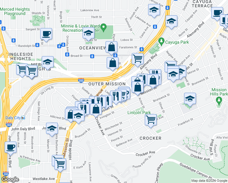 map of restaurants, bars, coffee shops, grocery stores, and more near 20 Lessing Street in San Francisco
