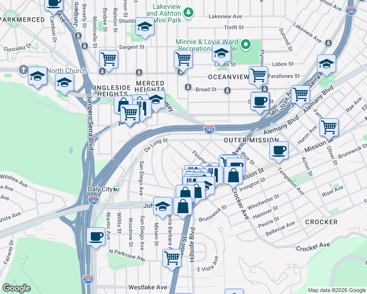map of restaurants, bars, coffee shops, grocery stores, and more near 130 Shakespeare Street in San Francisco