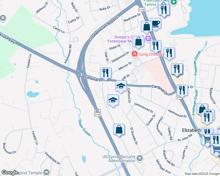 map of restaurants, bars, coffee shops, grocery stores, and more near 109 Melanie Lane in Elizabethtown