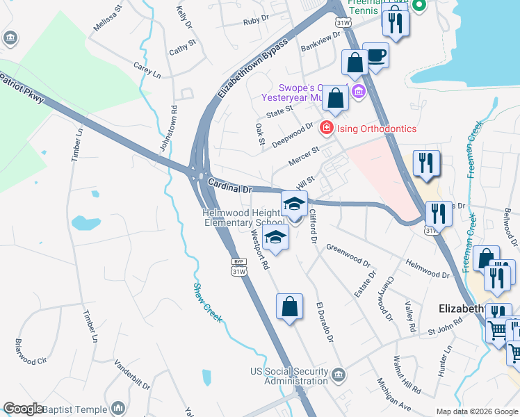 map of restaurants, bars, coffee shops, grocery stores, and more near 109 Melanie Lane in Elizabethtown