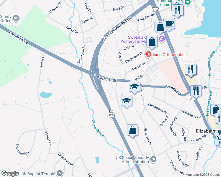 map of restaurants, bars, coffee shops, grocery stores, and more near 205 Michelle Avenue in Elizabethtown