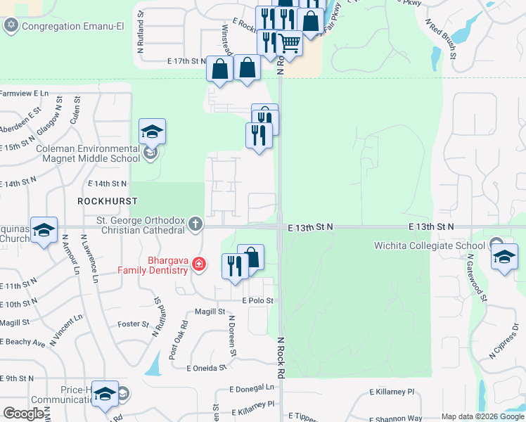 map of restaurants, bars, coffee shops, grocery stores, and more near in Wichita