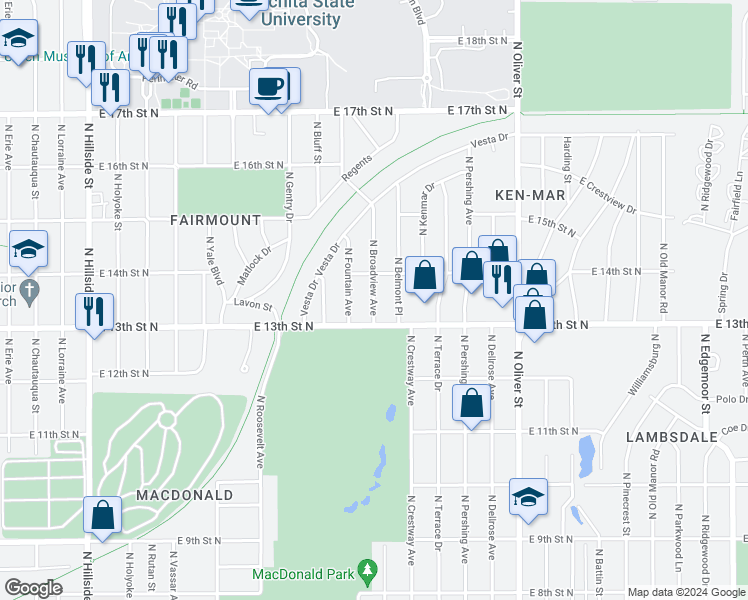 map of restaurants, bars, coffee shops, grocery stores, and more near 1401 North Broadview in Wichita