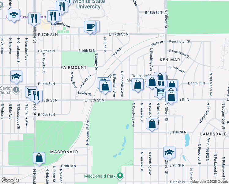 map of restaurants, bars, coffee shops, grocery stores, and more near 1402 North Bluff Street in Wichita