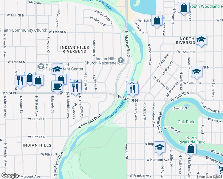 map of restaurants, bars, coffee shops, grocery stores, and more near 2101-2109 West 13th Street North in Wichita