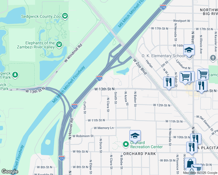 map of restaurants, bars, coffee shops, grocery stores, and more near 1328 North Clara Street in Wichita