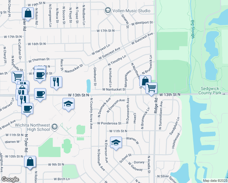 map of restaurants, bars, coffee shops, grocery stores, and more near 1336 North Denmark in Wichita