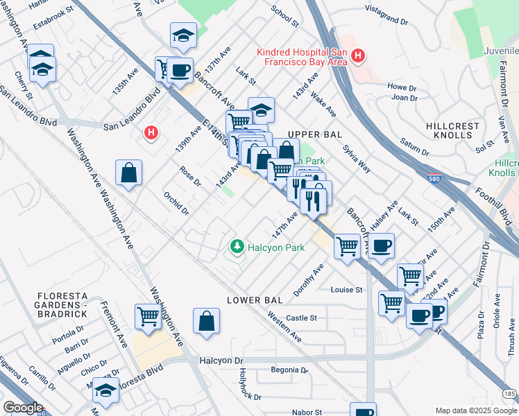 map of restaurants, bars, coffee shops, grocery stores, and more near 1244 145th Avenue in San Leandro