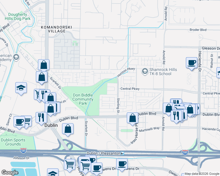 map of restaurants, bars, coffee shops, grocery stores, and more near 5882 Beechwood Loop in Dublin