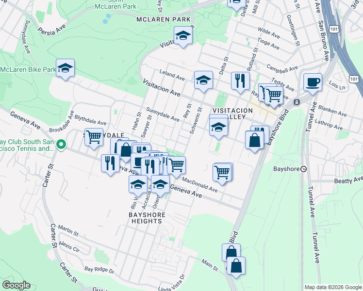map of restaurants, bars, coffee shops, grocery stores, and more near in Daly City