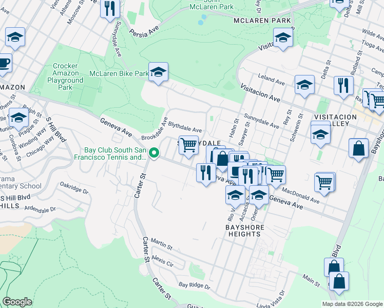 map of restaurants, bars, coffee shops, grocery stores, and more near 2233 Geneva Avenue in San Francisco