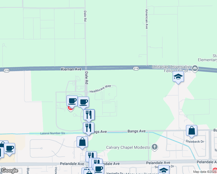 map of restaurants, bars, coffee shops, grocery stores, and more near 2832 Healthcare Way in Modesto
