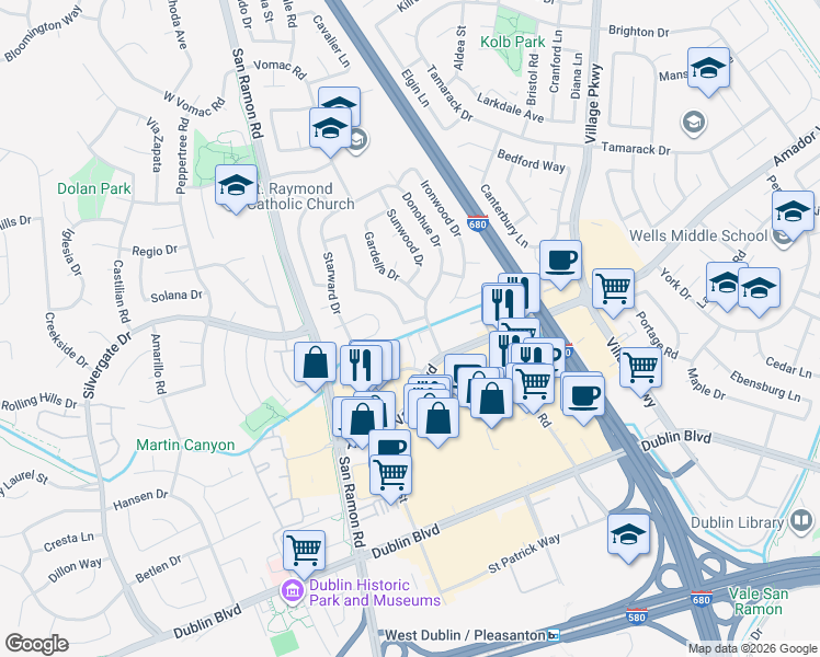 map of restaurants, bars, coffee shops, grocery stores, and more near 7516 Hillrose Drive in Dublin