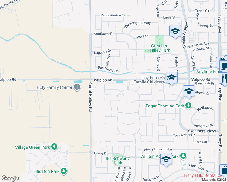 map of restaurants, bars, coffee shops, grocery stores, and more near 1846 Cascade Lane in Tracy