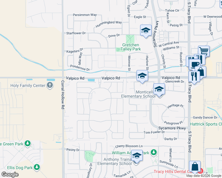 map of restaurants, bars, coffee shops, grocery stores, and more near 2882 Stampede Lane in Tracy