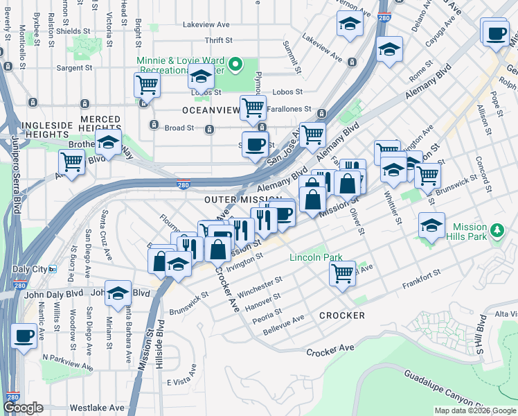 map of restaurants, bars, coffee shops, grocery stores, and more near 20 Lessing Street in San Francisco