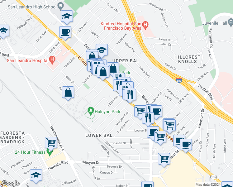 map of restaurants, bars, coffee shops, grocery stores, and more near 14655 East 14th Street in San Leandro