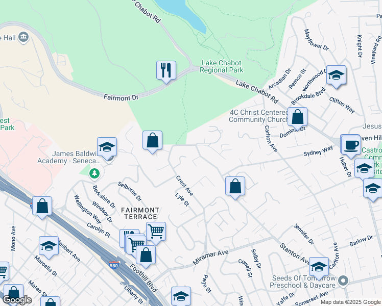 map of restaurants, bars, coffee shops, grocery stores, and more near 2578 Ridge Crest Court in Castro Valley