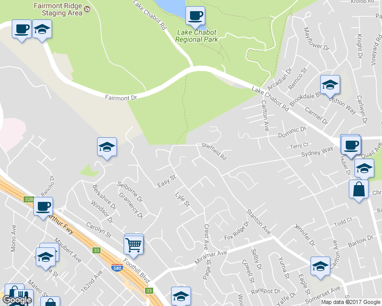 map of restaurants, bars, coffee shops, grocery stores, and more near 2578 Ridge Crest Court in Castro Valley