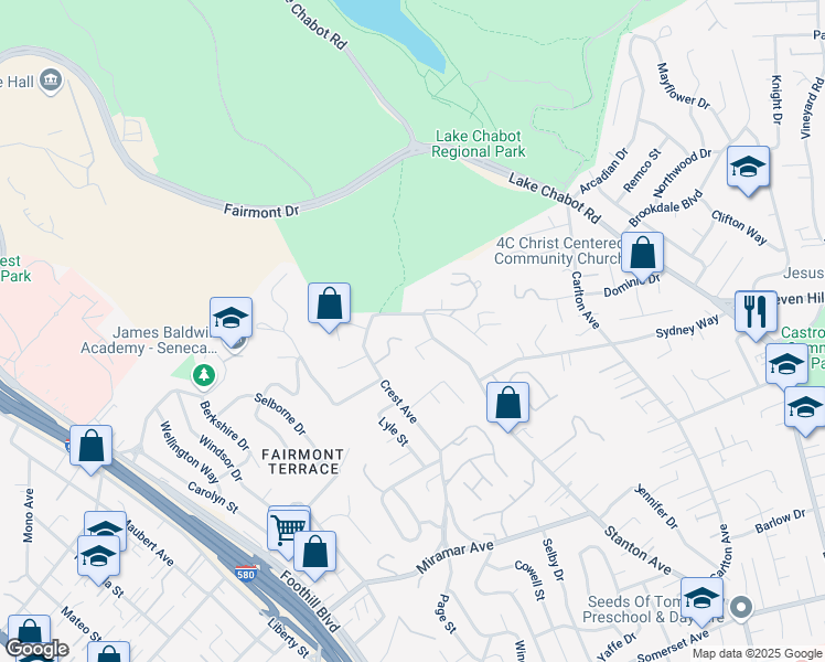 map of restaurants, bars, coffee shops, grocery stores, and more near 2578 Ridge Crest Court in Castro Valley