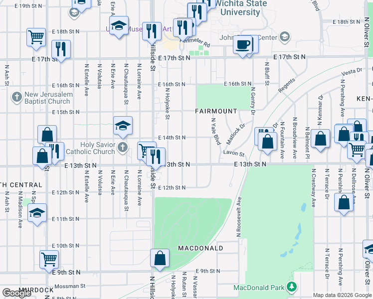 map of restaurants, bars, coffee shops, grocery stores, and more near 1450 Fairmount Street in Wichita