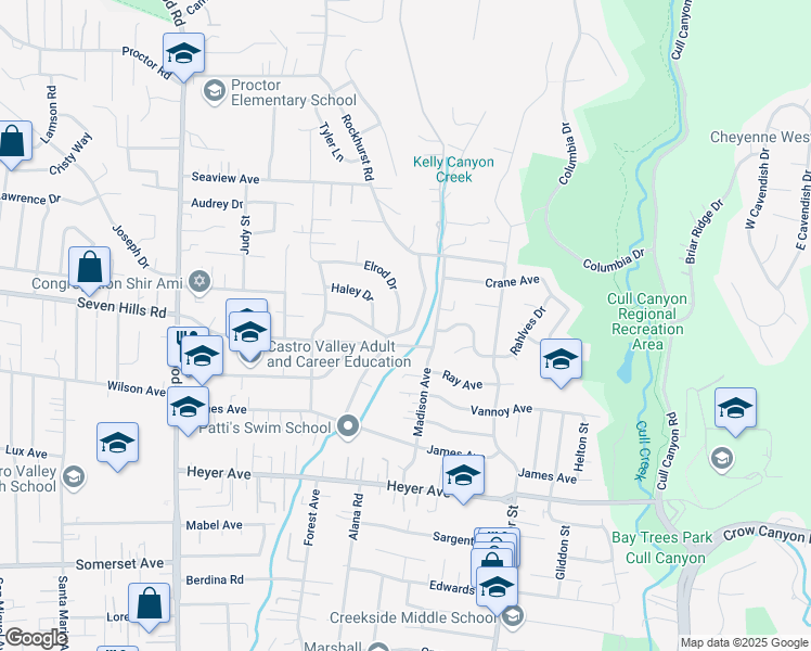 map of restaurants, bars, coffee shops, grocery stores, and more near 18777 Sandy Road in Castro Valley