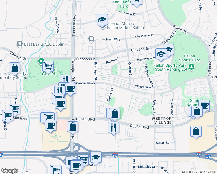 map of restaurants, bars, coffee shops, grocery stores, and more near 3703 Whitworth Drive in Dublin
