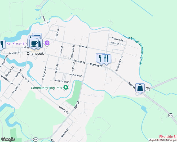 map of restaurants, bars, coffee shops, grocery stores, and more near 114 Market Street in Onancock