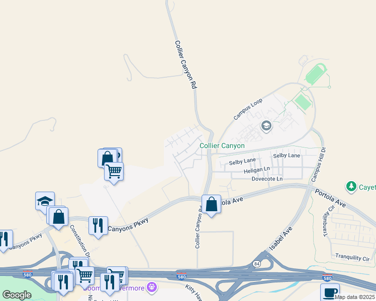 map of restaurants, bars, coffee shops, grocery stores, and more near 46 Meritage Common in Livermore