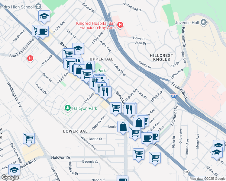 map of restaurants, bars, coffee shops, grocery stores, and more near 1544 148th Avenue in San Leandro
