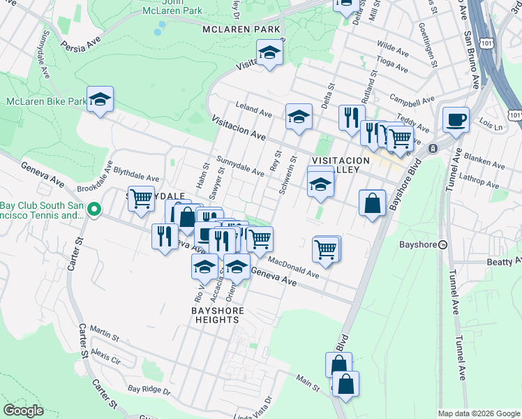 map of restaurants, bars, coffee shops, grocery stores, and more near 38 Garrison Avenue in San Francisco