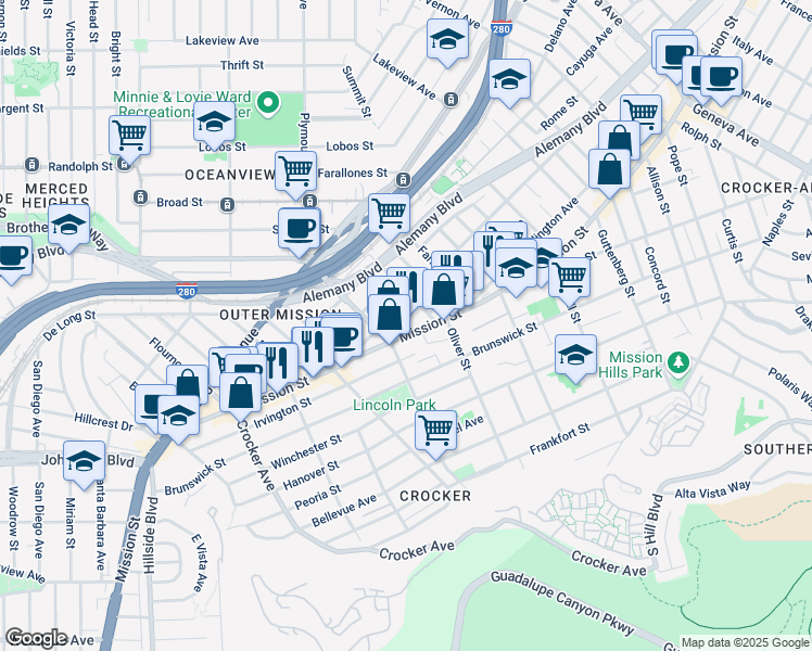 map of restaurants, bars, coffee shops, grocery stores, and more near 930 Huron Avenue in San Francisco