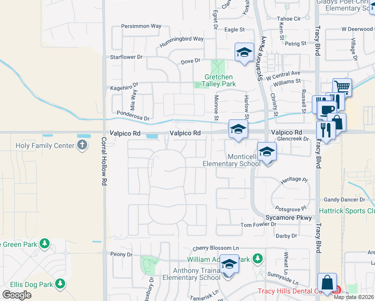 map of restaurants, bars, coffee shops, grocery stores, and more near 2866 Stampede Lane in Tracy