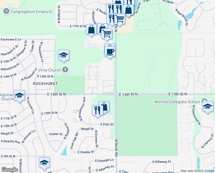map of restaurants, bars, coffee shops, grocery stores, and more near 79th Street East in Wichita