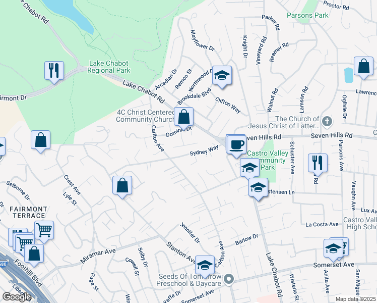 map of restaurants, bars, coffee shops, grocery stores, and more near 3162 Sydney Way in Castro Valley