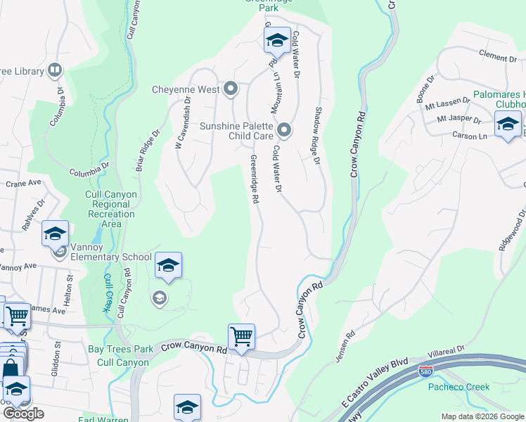 map of restaurants, bars, coffee shops, grocery stores, and more near 5605 Greenridge Road in Castro Valley
