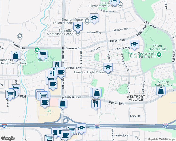 map of restaurants, bars, coffee shops, grocery stores, and more near 3721 Whitworth Drive in Dublin