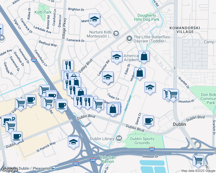 map of restaurants, bars, coffee shops, grocery stores, and more near 6901 York Drive in Dublin