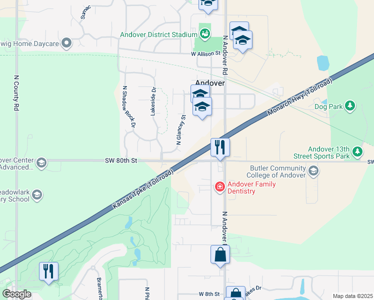 map of restaurants, bars, coffee shops, grocery stores, and more near 407 West Ellis Court in Andover